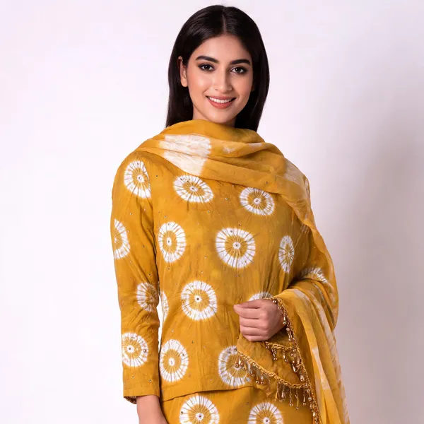 Mustard_Yellow_Bandhej_Cotton_Set_-_White_Chakra_Bandhani,_Mirror_Work,_Plain_Bottom,_Tassel_Dupatta