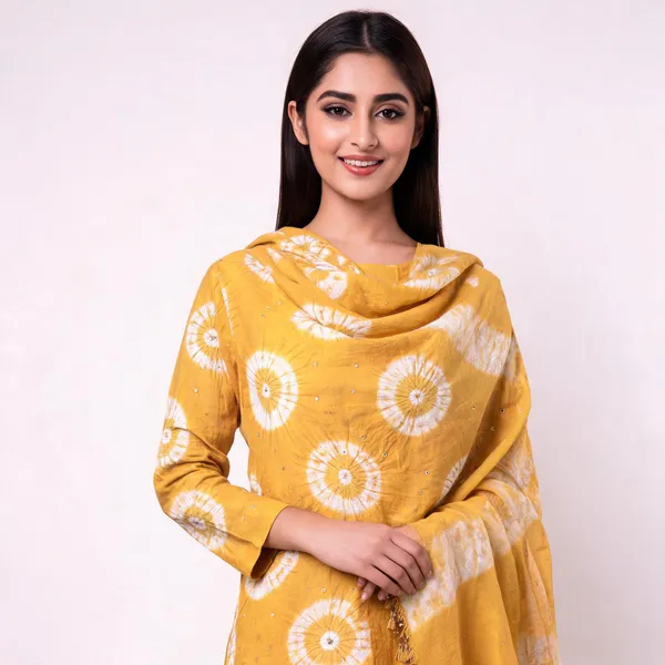 Mustard_Yellow_Bandhej_Cotton_Set_-_White_Chakra_Bandhani,_Mirror_Work,_Plain_Bottom,_Tassel_Dupatta