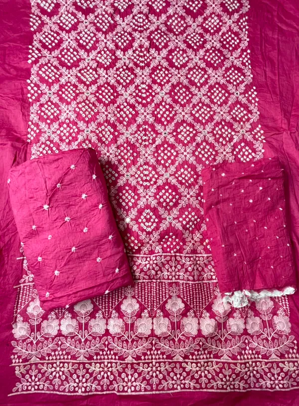 Pink_Bandhej_Cotton_Set_-_Jaali_Threadwork,_Floral_Border,_Mirror_Work,_Bandhej_Dupatta