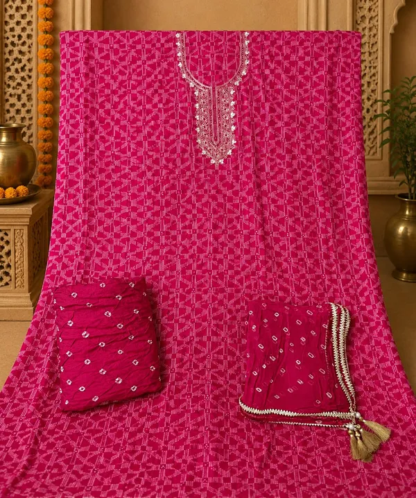 Red_Geometric_Suit_Set_-_White_Pattern_on_Rani_Pink_Base,_Zardosi_Handwork,_Lace_Dupatta,_Bandhej_Salwar