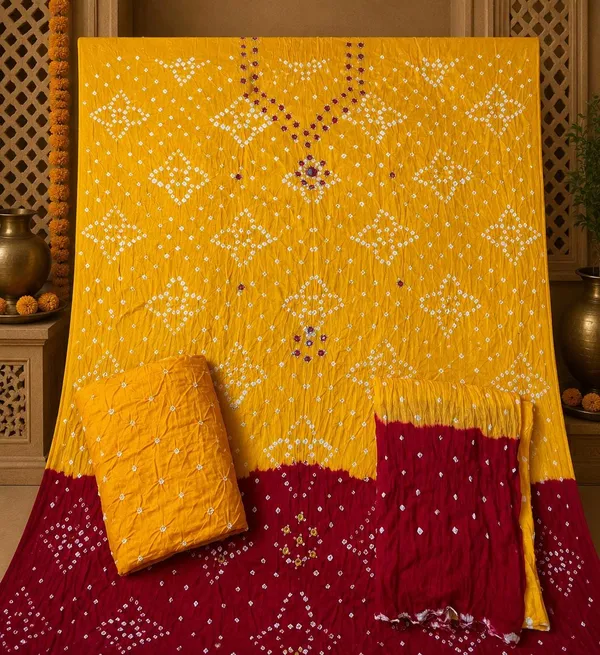 Red_&_Yellow_Half-Half_Bandhej_Set_-_Dot_Bandhani,_Mirror_&_Embroidery_Work,_Double_Color_Tassel_Dupatta