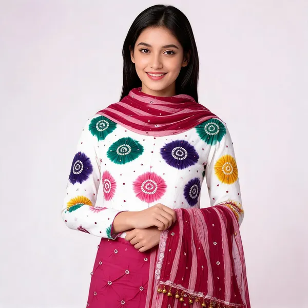 Chevron_Unstitched_Bandhej_Cotton_Suit_White_&_Pink_Bandhani_Suit_Set_with_Mirror_Work_&_Tassel_Dupatta