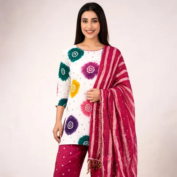Chevron_Unstitched_Bandhej_Cotton_Suit_White_&_Pink_Bandhani_Suit_Set_with_Mirror_Work_&_Tassel_Dupatta