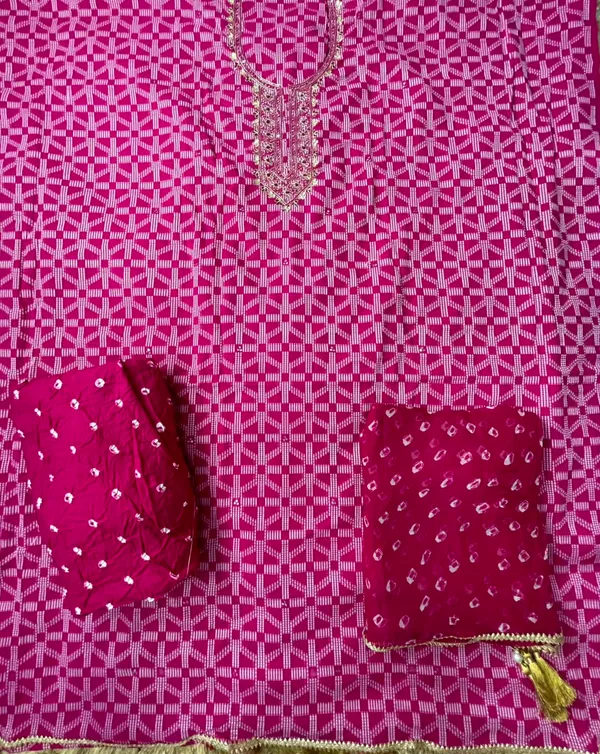 Fushia_Pink_Geometric_Suit_Set_-_White_Pattern_on_Rani_Pink_Base,_Zardosi_Handwork,_Lace_Dupatta,_Bandhej_Salwar