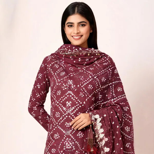 Maroon_Hand_Bandhej_Set_-_Geometric_Diamond_&_Chevron_Bandhani,_Mirror_Work,_Tassel_Dupatta
