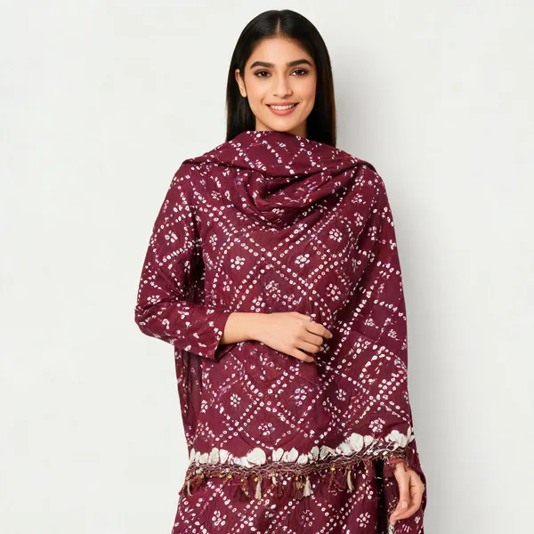 Maroon_Hand_Bandhej_Set_-_Geometric_Diamond_&_Chevron_Bandhani,_Mirror_Work,_Tassel_Dupatta