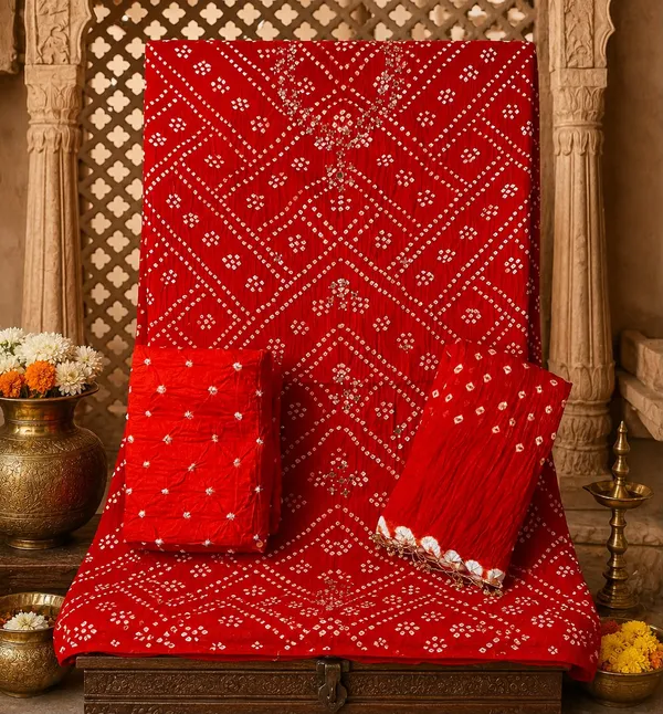Red_Hand_Bandhej_Set_-_Geometric_Diamond_&_Chevron_Bandhani,_Mirror_Work,_Tassel_Dupatta