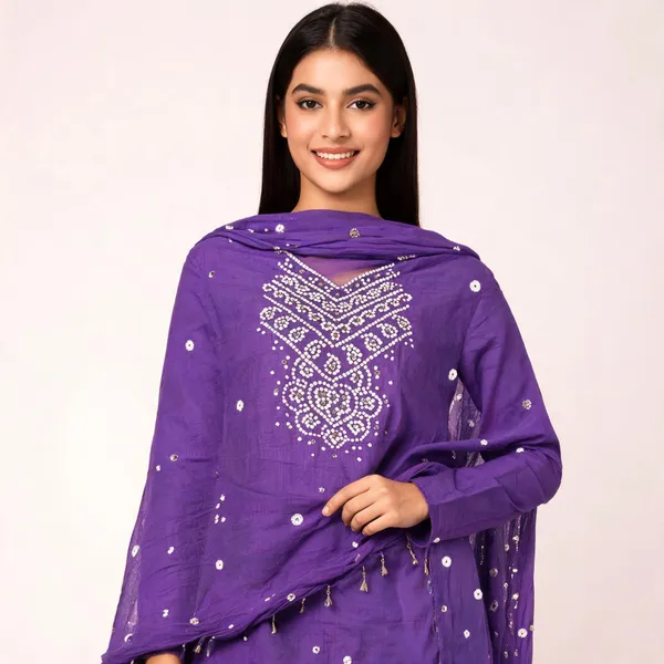 Lavender_Bandhej_Cotton_Suit_Set_-_Hand_Mirror_Work,_Bandhani_Yoke,_Scattered_Dots,_Kodi_Dupatta