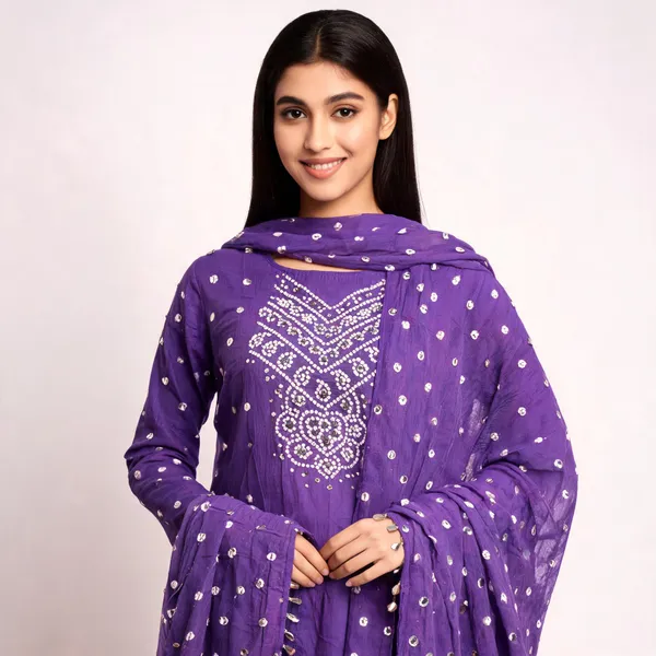 Lavender_Bandhej_Cotton_Suit_Set_-_Hand_Mirror_Work,_Bandhani_Yoke,_Scattered_Dots,_Kodi_Dupatta
