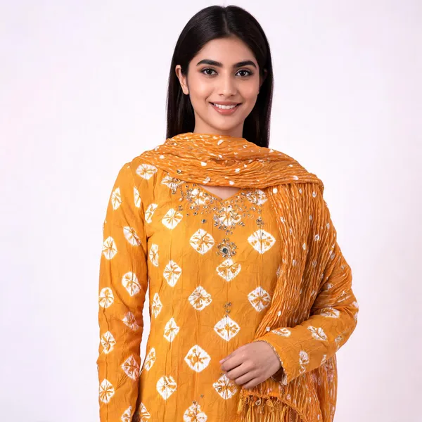 Yellow_Bandhej_Cotton_Suit_-_White_Bandhani_Dots,_Mirror_Work,_Tasseled_Chiffon_Dupatta