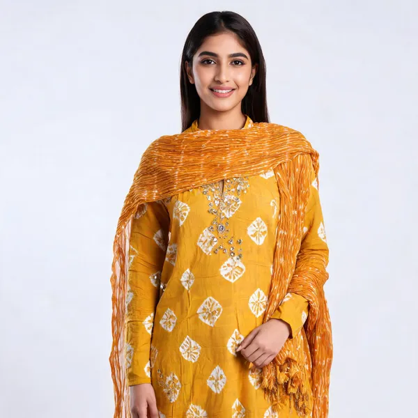Yellow_Bandhej_Cotton_Suit_-_White_Bandhani_Dots,_Mirror_Work,_Tasseled_Chiffon_Dupatta