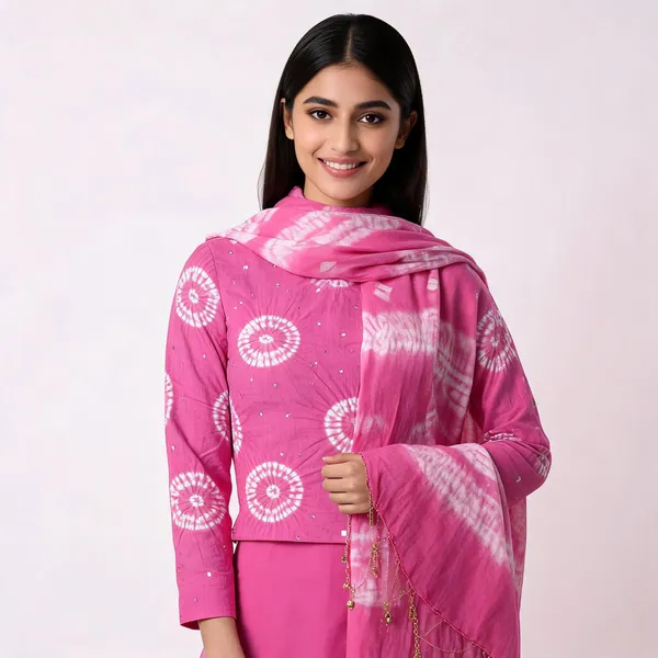 Pink_Bandhej_Cotton_Set_-_White_Chakra_Bandhani,_Mirror_Work,_Plain_Bottom,_Tassel_Dupatta