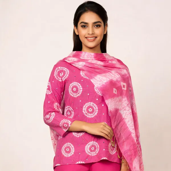 Pink_Bandhej_Cotton_Set_-_White_Chakra_Bandhani,_Mirror_Work,_Plain_Bottom,_Tassel_Dupatta