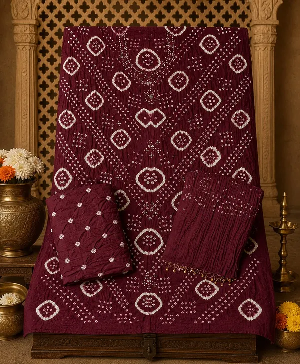 Maroon_Bandhej_Cotton_Set_-_Diamond_&_Dot_Bandhani,_Mirror_Work,_Gungroo_Tassel_Dupatta