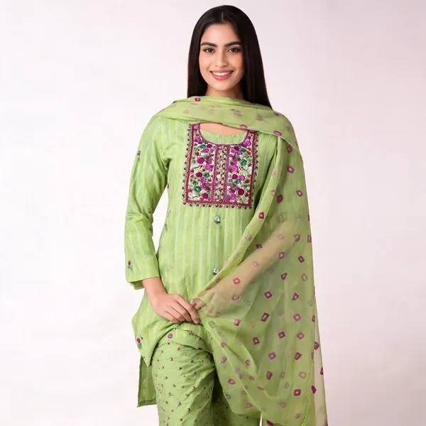 Chevron_Unstitched_Bandhej_Cotton_Suit_Pista_Green_Bandhani_Suit_Set_with_Hand_Anchor/_Thread_work_&_Tassel_Dupatta