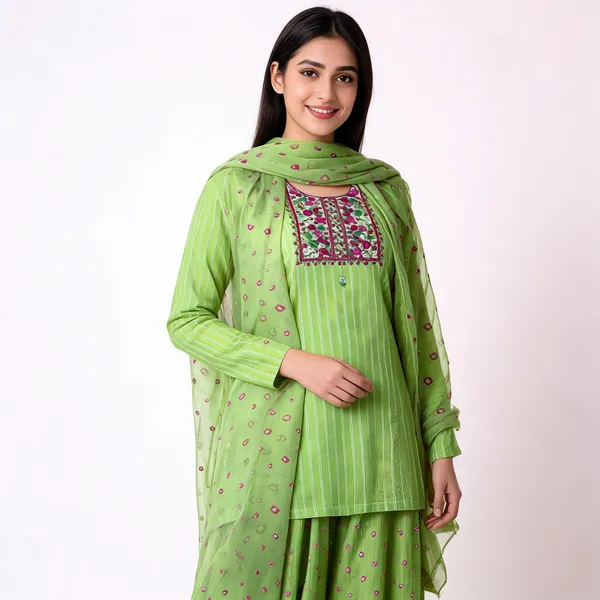 Chevron_Unstitched_Bandhej_Cotton_Suit_Pista_Green_Bandhani_Suit_Set_with_Hand_Anchor/_Thread_work_&_Tassel_Dupatta