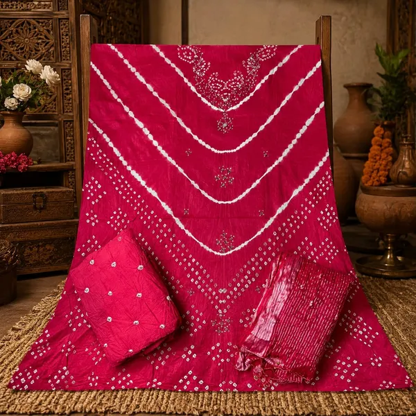 Chevron_Unstitched_Bandhej_Cotton_Suit_Rani_Pink_Bandhani_Suit_Set_with_Mirror_Work_&_Tassel_Dupatta