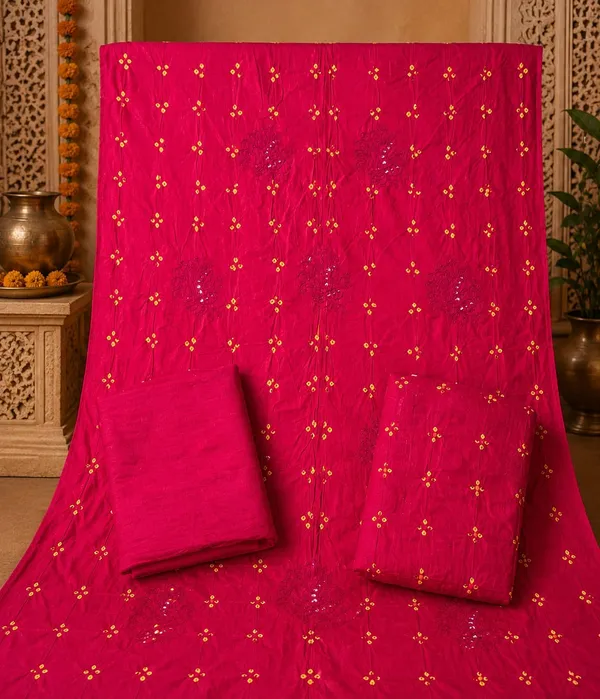 Chevron_Unstitched_Bandhej_Cotton_Suit_Rani_Pink_Bandhani_Suit_Set_with_Mirror_Work_&_Tassel_Dupatta_._