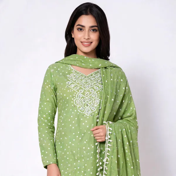 Light_Green_Bandhej_Cotton_Suit_Set_-_Hand_Mirror_Work,_Bandhani_Yoke,_Scattered_Dots,_Kodi_Dupatta