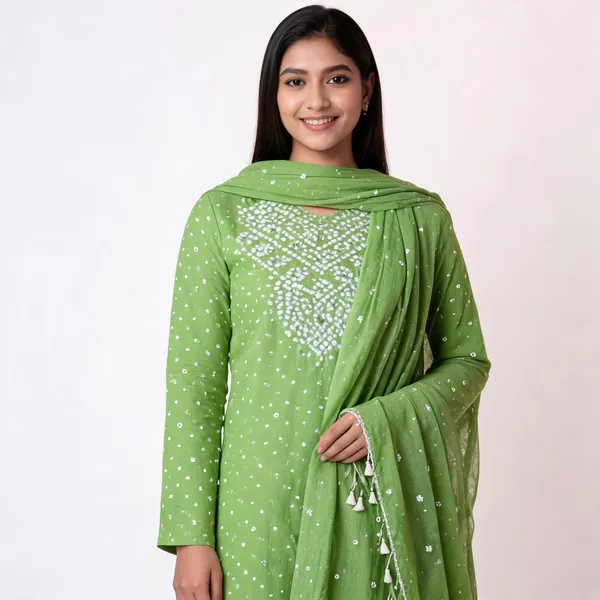 Light_Green_Bandhej_Cotton_Suit_Set_-_Hand_Mirror_Work,_Bandhani_Yoke,_Scattered_Dots,_Kodi_Dupatta