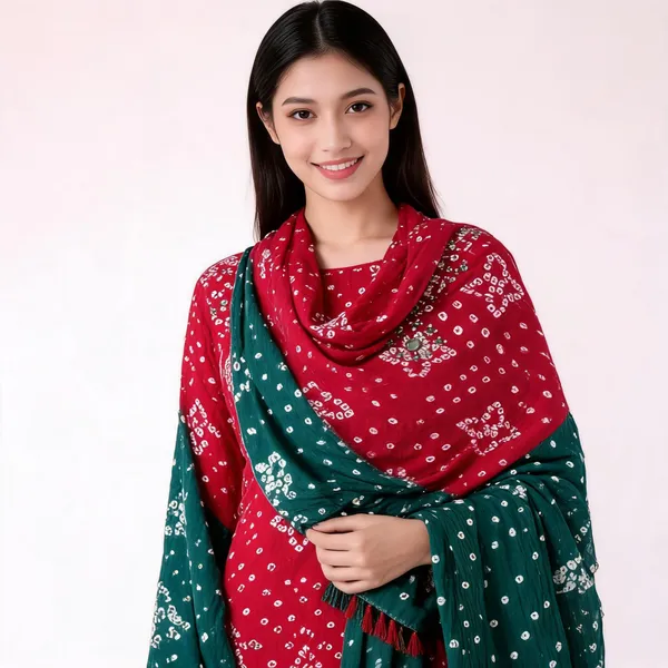 Red_&_Green_Half-Half_Bandhej_Set_-_Dot_Bandhani,_Mirror_&_Embroidery_Work,_Double_Color_Tassel_Dupatta