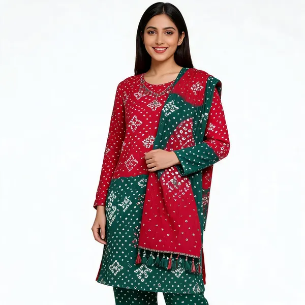 Red_&_Green_Half-Half_Bandhej_Set_-_Dot_Bandhani,_Mirror_&_Embroidery_Work,_Double_Color_Tassel_Dupatta