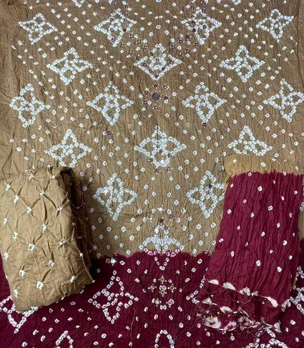 Chiku_&_Maroon_Half-Half_Bandhej_Set_-_Dot_Bandhani,_Mirror_&_Embroidery_Work,_Double_Color_Tassel_Dupatta