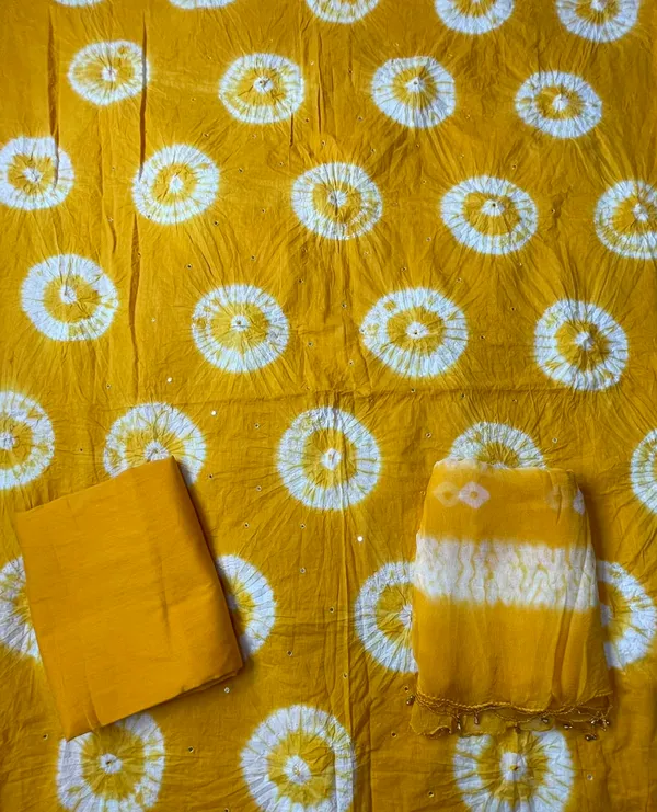 Mustard_Yellow_Bandhej_Cotton_Set_-_White_Chakra_Bandhani,_Mirror_Work,_Plain_Bottom,_Tassel_Dupatta