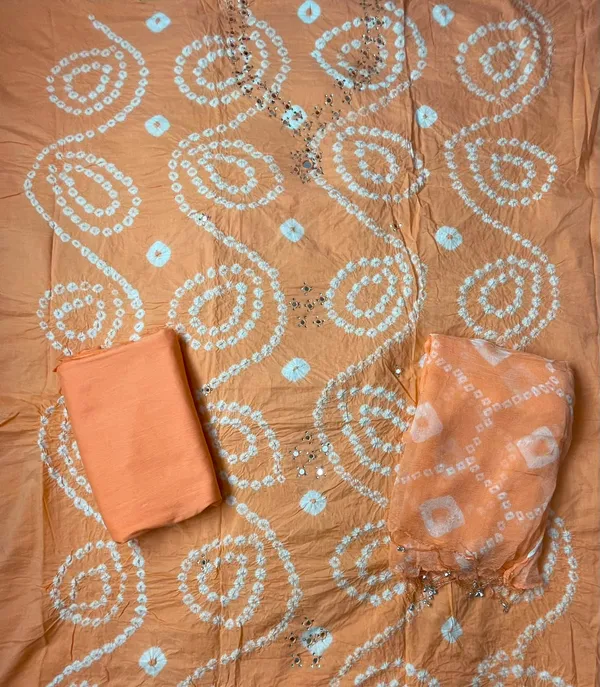 Peach_Hand_Bandhej_Suit_-_White_Circular_Pattern,_Mirror_Work,_Silver_Gungroo_Dupatta