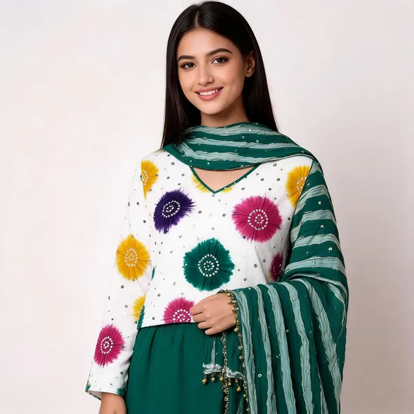 Chevron_Unstitched_Bandhej_Cotton_Suit_White_&_Teal_Green_Bandhani_Suit_Set_with_Mirror_Work_&_Tassel_Dupatta