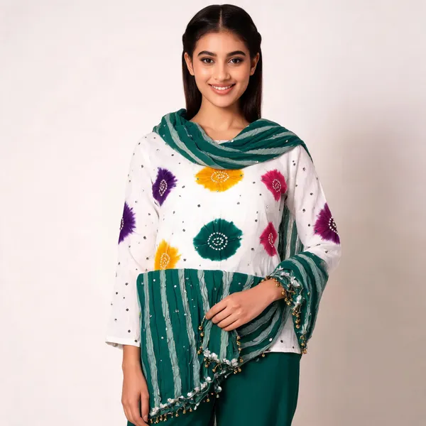 Chevron_Unstitched_Bandhej_Cotton_Suit_White_&_Teal_Green_Bandhani_Suit_Set_with_Mirror_Work_&_Tassel_Dupatta