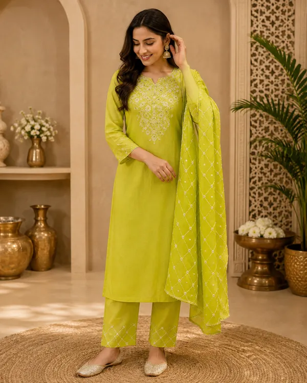 Chevron_Unstitched_Bandhej_Cotton_Suit_Green_Bandhani_Suit_Set_with_Mirror_Work_&_Tassel_Dupatta
