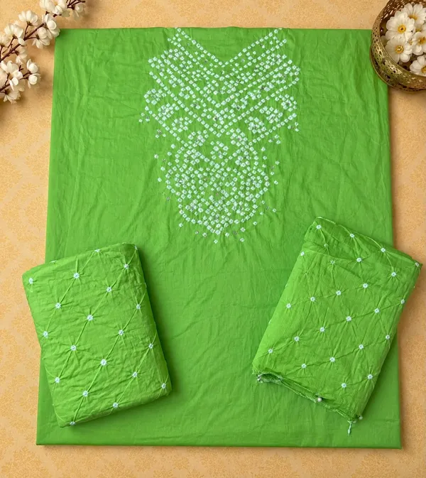 All_over_5_MTR_Chevron_Unstitched_Bandhej_Cotton_Suit_Green_Bandhani_Suit_Set_
