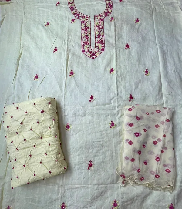 Off-White_Cotton_Suit_Set_-_Pinstripe_Base,_Magenta_&_Cream_Floral/Anchor_Work,_Pink_Bandhej_Salwar_&_Chiffon_Dupatta