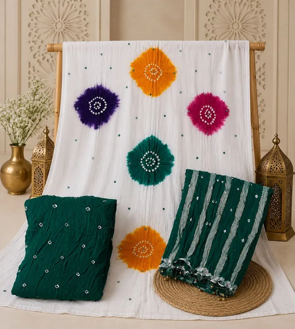 Chevron_Unstitched_Bandhej_Cotton_Suit_White_&_Teal_Green_Bandhani_Suit_Set_with_Mirror_Work_&_Tassel_Dupatta