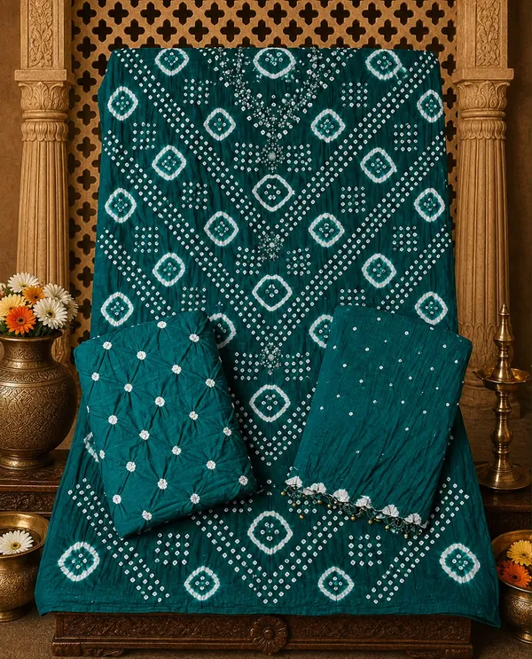 Dark_Green_Bandhej_Cotton_Set_-_Diamond_&_Dot_Bandhani,_Mirror_Work,_Gungroo_Tassel_Dupatta