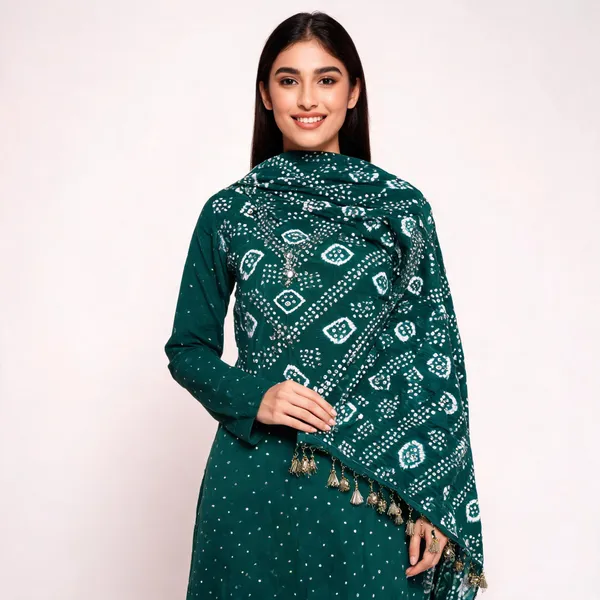 Dark_Green_Bandhej_Cotton_Set_-_Diamond_&_Dot_Bandhani,_Mirror_Work,_Gungroo_Tassel_Dupatta