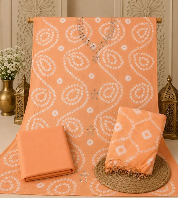 Peach_Hand_Bandhej_Suit_-_White_Circular_Pattern,_Mirror_Work,_Silver_Gungroo_Dupatta