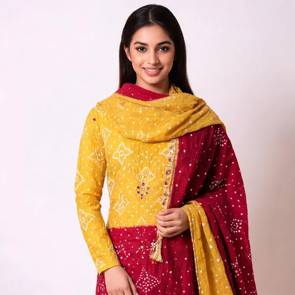 Red_&_Yellow_Half-Half_Bandhej_Set_-_Dot_Bandhani,_Mirror_&_Embroidery_Work,_Double_Color_Tassel_Dupatta