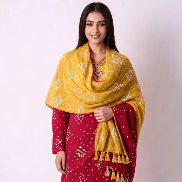 Red_&_Yellow_Half-Half_Bandhej_Set_-_Dot_Bandhani,_Mirror_&_Embroidery_Work,_Double_Color_Tassel_Dupatta