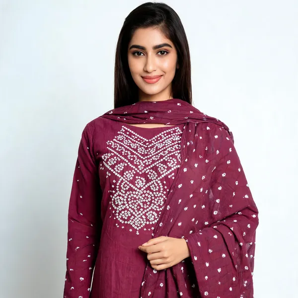 Maroon_Bandhej_Cotton_Suit_Set_-_Hand_Mirror_Work,_Bandhani_Yoke,_Scattered_Dots,_Kodi_Dupatta