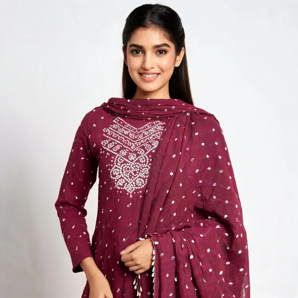 Maroon_Bandhej_Cotton_Suit_Set_-_Hand_Mirror_Work,_Bandhani_Yoke,_Scattered_Dots,_Kodi_Dupatta