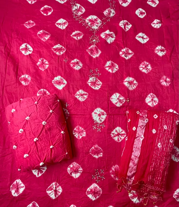 Pink_Bandhej_Cotton_Suit_-_White_Bandhani_Dots,_Mirror_Work,_Tasseled_Chiffon_Dupatta