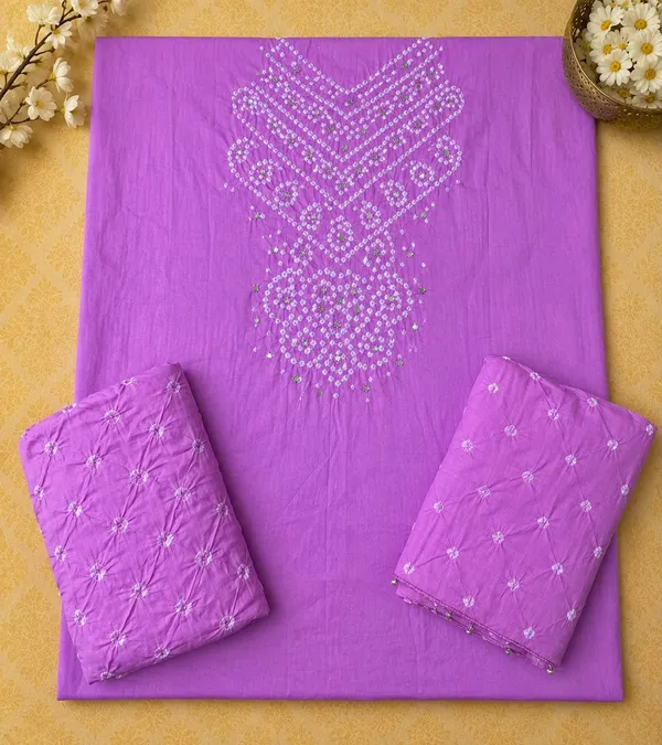 Lavender_Bandhej_Cotton_Suit_Set_-_Hand_Mirror_Work,_Bandhani_Yoke,_Scattered_Dots,_Kodi_Dupatta