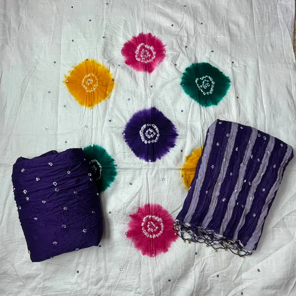 Chevron_Unstitched_Bandhej_Cotton_Suit_White_&_Purple_Bandhani_Suit_Set_with_Mirror_Work_&_Tassel_Dupatta