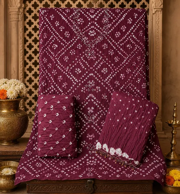 Maroon_Hand_Bandhej_Set_-_Geometric_Diamond_&_Chevron_Bandhani,_Mirror_Work,_Tassel_Dupatta