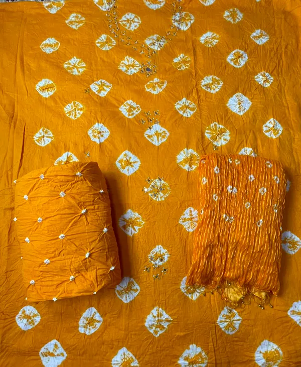 Yellow_Bandhej_Cotton_Suit_-_White_Bandhani_Dots,_Mirror_Work,_Tasseled_Chiffon_Dupatta