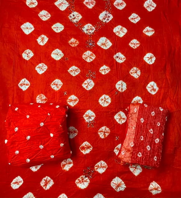 Orange_Bandhej_Cotton_Suit_-_White_Bandhani_Dots,_Mirror_Work,_Tasseled_Chiffon_Dupatta