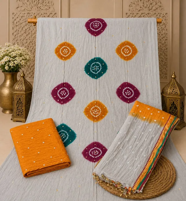 Chevron_Unstitched_Bandhej_Cotton_Suit_White_&_Yellow_Bandhani_Suit_Set_with_Mirror_Work_&_Tassel_Dupatta