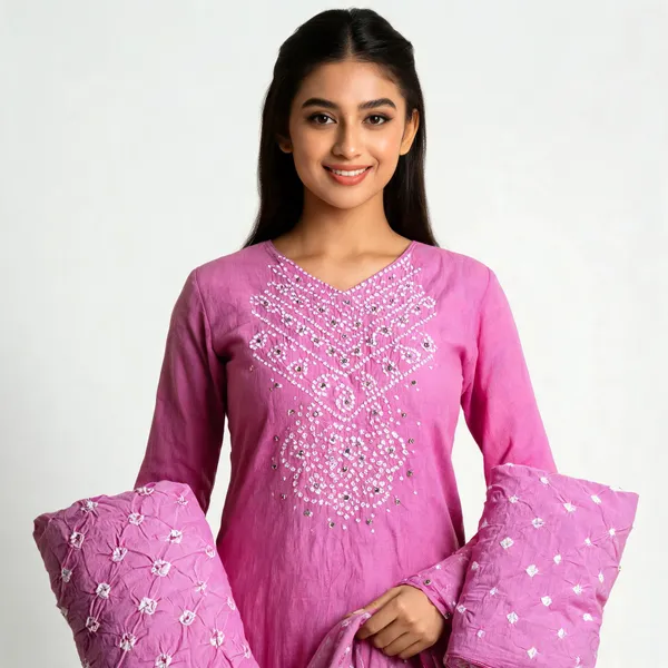 Light_Pink_Bandhej_Cotton_Suit_Set_-_Hand_Mirror_Work,_Bandhani_Yoke,_Scattered_Dots,_Kodi_Dupatta